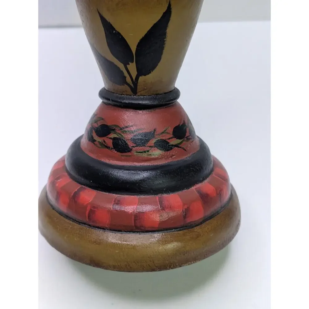 M Howe 2014 Signed Hand Painted Wood Candle Holder Floral Folk Art 12